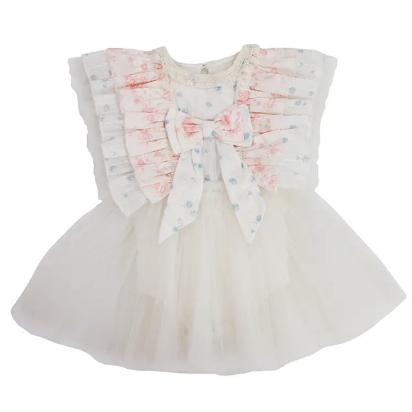 Daphne Toile Baby Girl Tulle Dress – Ruffle Collar Romper with Bow Detail 0-24M